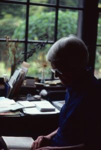 Photo of Elizabeth Lawrence at her studio desk overlooking her garden, circa 1978. Photo courtesy Warren Way and Elizabeth Way Rogers